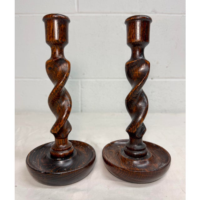 Pair Antique 19th Century Barley Twist English Wood Candlesticks Candle Holders For Sale - Image 4 of 12