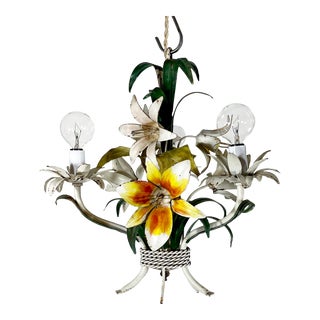 French Hand Painted 3-Arm Tole Chandelier Featuring Lilies For Sale