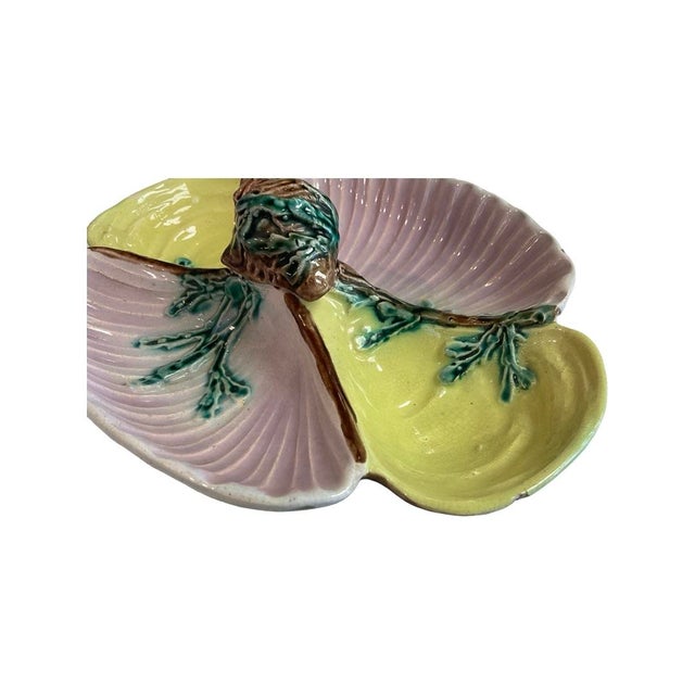 Lavender Late 19th Century Lavender and Yellow Shell 4-Compartment Majolica Dish For Sale - Image 8 of 8