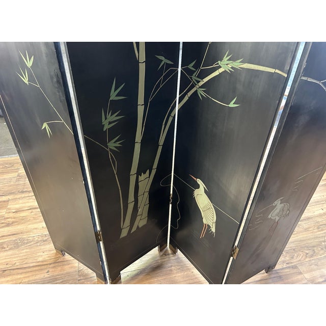 Gold Vintage Asian Gold Four Panel Screen Room Divider Coromandel W Garden & Birds For Sale - Image 8 of 8