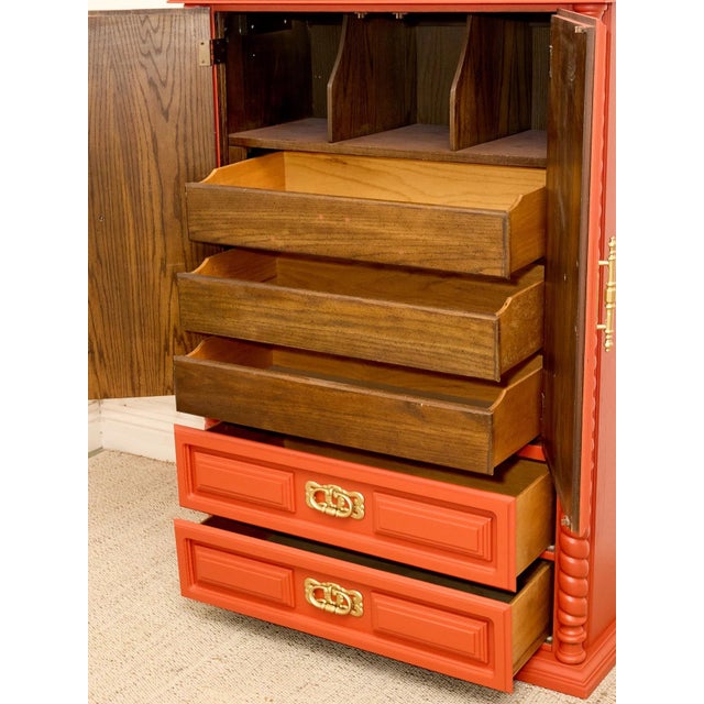 Metal Vintage Red Armoire With Ornate Gold Hardware For Sale - Image 7 of 12