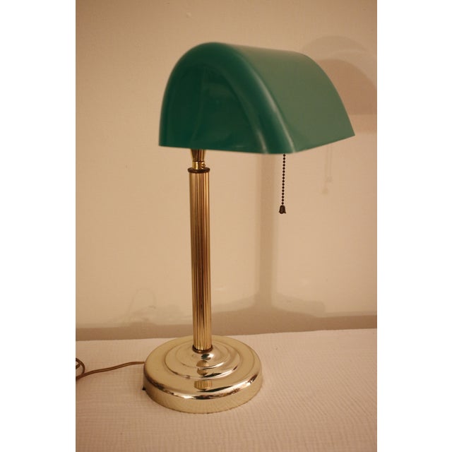Vintage Ministerial Art Deco Style Brass Banker's Desk Lamp With Emerald Green Shade For Sale - Image 4 of 12