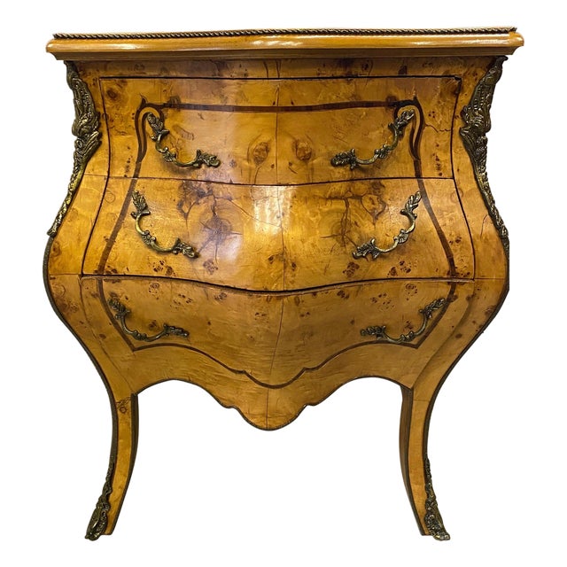 Elegant figurative olive wood Italian Bombe Chair Side Chest For Sale