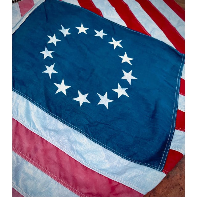 Real Vintage Betsy Ross American Revolutionary Flag 13 Stars Cotton 1976 With Beautiful Naturally Faded Patina and Wear. 3x5 For Sale - Image 4 of 8