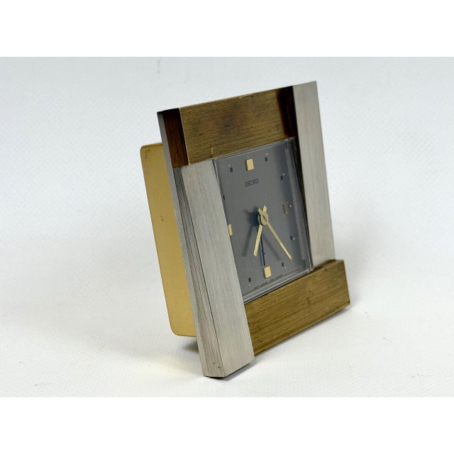 French Brutalist Steel and Brass Table Clock from Seiko, Japan, 1980s For Sale - Image 4 of 14
