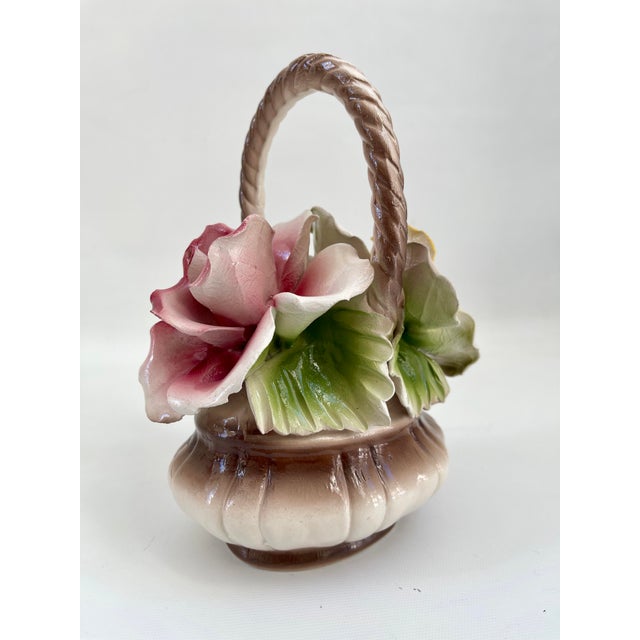 Late 20th Century Vintage Italian Capodimonte Pink & Yellow Roses Porcelain Centerpiece Basket For Sale - Image 5 of 9