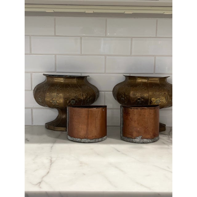 Gold Pair of Vintage Brass Metal Floral Pattern Wall Planter Container Vase Vessels For Sale - Image 8 of 10