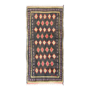 Charcoal Black Background Unique Vintage Moroccan Rug in Red and Yellow 4'9'' X 9'10''