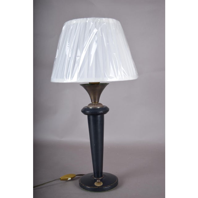 Navy Blue Leather and Brass Table Lamp with Pleated Shade, 1950s For Sale - Image 9 of 18
