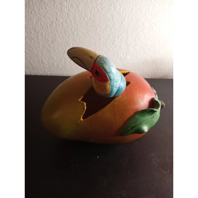 Orange Signed Eduardo Valuovinas Mexico Ceramic Mango Fruit With Hatching Toucan Sculpture For Sale - Image 8 of 8