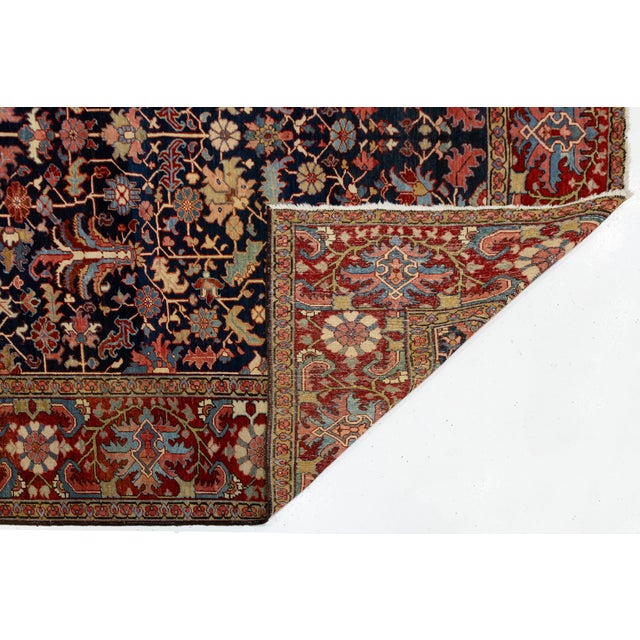 Islamic 19th Century Antique Heriz Style Wool Rug With Deep Indigo All-Over Floral For Sale - Image 3 of 11