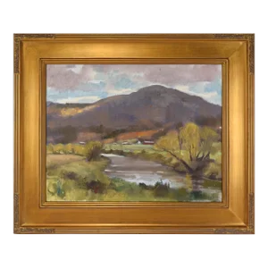 Vintage American Impressionist Fall Mountain Landscape Painting With Cabin by Harry Barton
