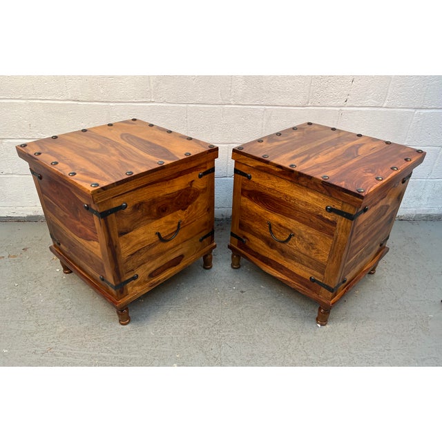 Metal Late 20th Century Pair of Rustic Wood and Metal Storage Trunks W/ Lift-Top Lids For Sale - Image 7 of 15