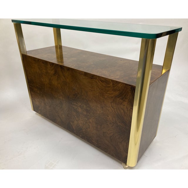 Mid-Century Modern Late 20th Century Bookmatched Burl Veneer Bar Cart With Brass Frame and Glass Top For Sale - Image 3 of 5