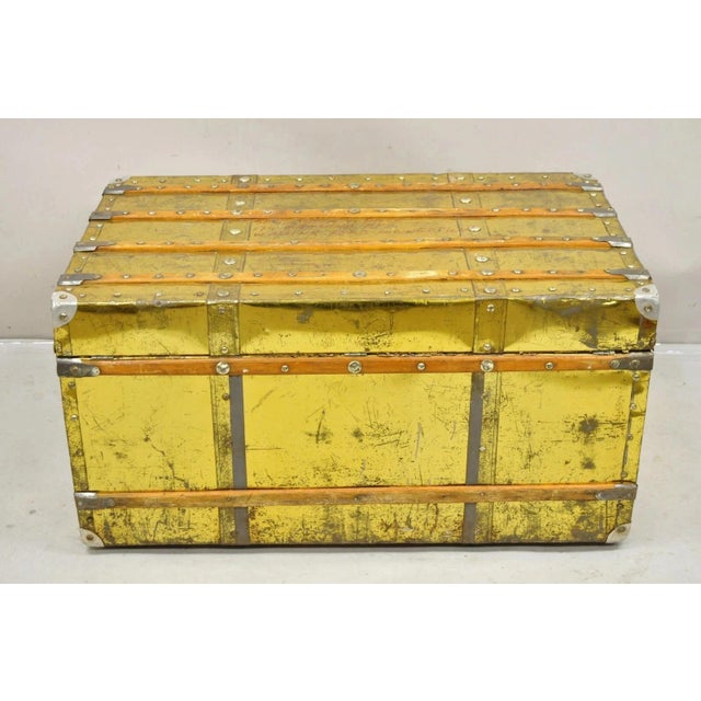 Antique Victorian Brass Clad Wooden Band Train Trunk Storage Treasure Chest For Sale - Image 10 of 11