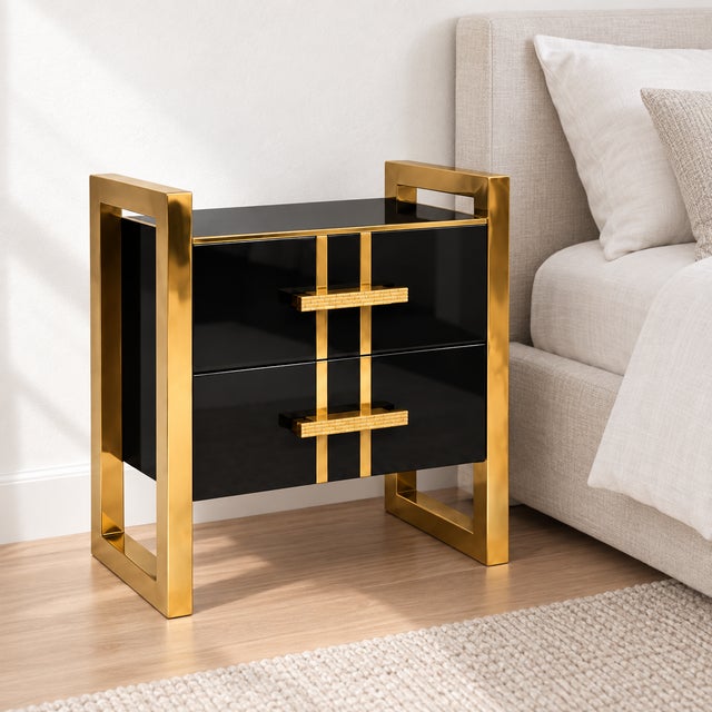 Wood Black Glass and Brass Bedside Tables with Two Drawers from Justfurnituress SRL, Set of 2 For Sale - Image 7 of 10
