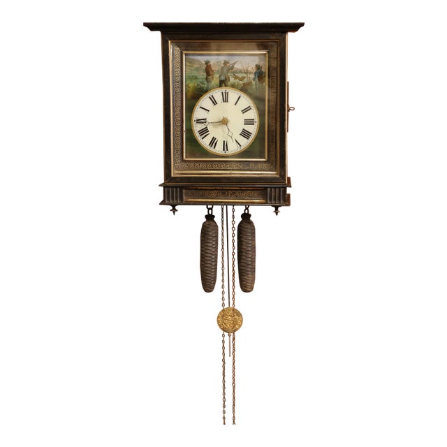 19th Century French Napoleon III Hand-Painted Wall Clock With Hunting Scene For Sale