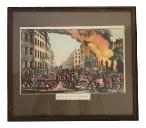 New York City Framed Colored Lithograph the Life of a Fireman “Take Up - Man Your Rope” by Nathaniel Currie