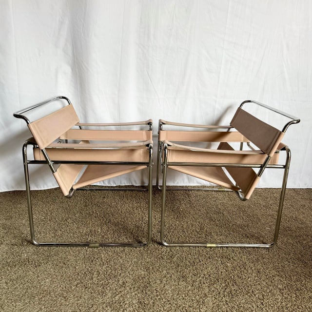 Metal Mid Century Modern Pink and Chrome Lounge Chairs, Wassily Style - A Pair For Sale - Image 7 of 10
