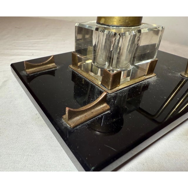 Metal Antique Black Glass Bronze Brass Desk Inkwell Jar Letter Pen Holder Stand For Sale - Image 7 of 10