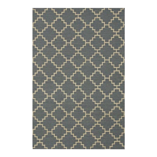 8x10 Blue Flat Weave Wool Stepped Diamond Lattice Geometric Modern Carpet Rug For Sale