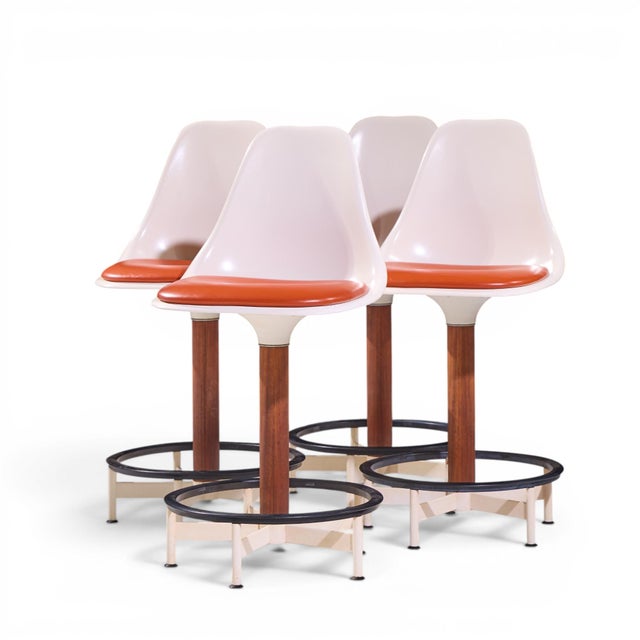 Mid-Century Modern Eero Saarinen Style Burke Mid Century Walnut and Fiberglass Barstools - Set of 4 For Sale - Image 3 of 12