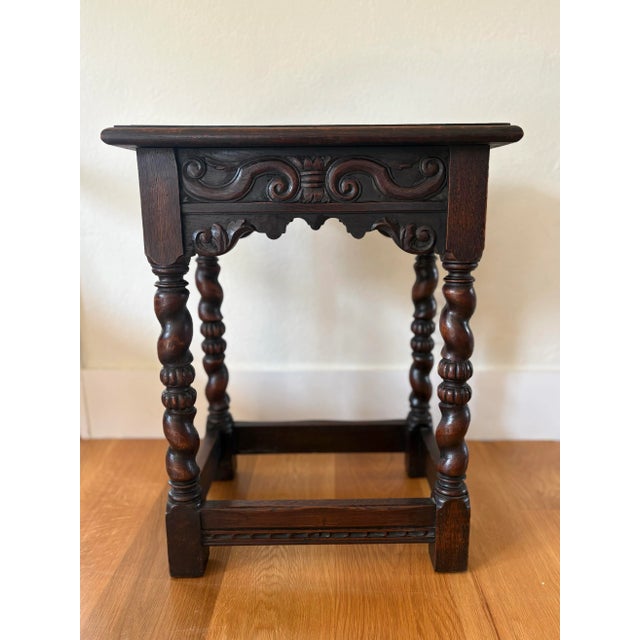 Rustic European 1900s Antique Belgium Oak With Barley Twist Legs and Hand Carved Apron Side Table For Sale - Image 3 of 10
