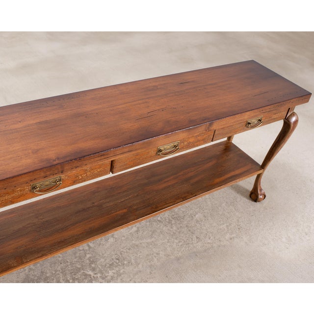 English Queen Anne Style Walnut Two-Tier Console Table 6 Ft For Sale - Image 9 of 18