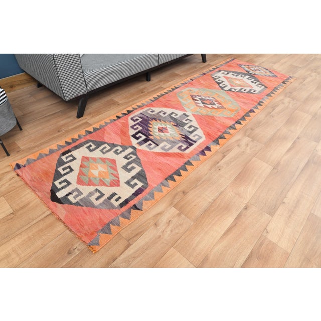 1970s Vintage Handmade Wool Cotton Orange Runner Rug For Sale - Image 4 of 11