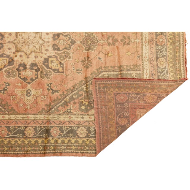 Turkish 10 X 11 Turkish Oushak Antique Wool Rug in Peach With Medallion Motif For Sale - Image 3 of 10