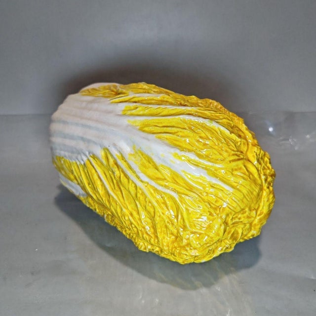 Yellow Ceramic Cabbage Decoration, Yellow & White Hand-Painted Leaf Texture (Symbol of Prosperity) For Sale - Image 8 of 9