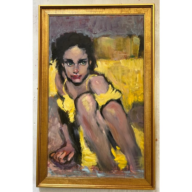 Wood Expressionist Portrait in Yellow, Oil Painting, Gold Framed For Sale - Image 7 of 12