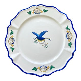 1980s Scalloped Border Hand Painted Bluebird Earthenware Platter Made in the Philippines For Sale