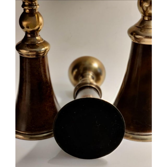 Transitional Set of 3 Large Brass and Faux Tortoiseshell Candle Holders For Sale - Image 3 of 4