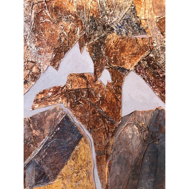 This is an Abstract Expressionist torn and folded paper painted collage. The paper is metallised through some process....