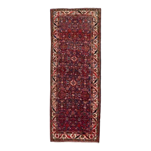 1960s Vintage Persian Hamadan Red Handmade All-Over Medallion Wool Runner