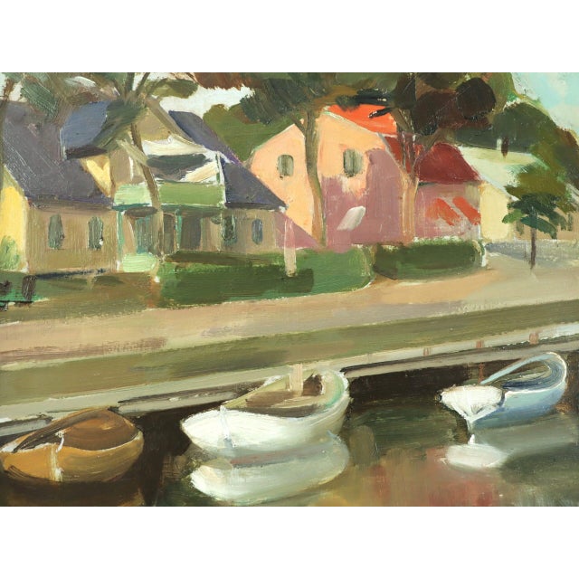Mid-Century Modern 'Houses by the Canal' Swdish Expressionist Landscape Oil Painting, Framed For Sale - Image 12 of 12