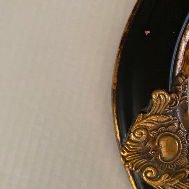 Vintage Oval Convex Mirror With Black and Gold Ornate Wooden Frame. For Sale - Image 11 of 12