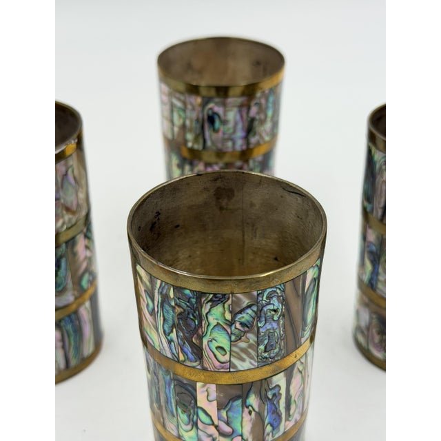 1950s Alfredo Villasana Taxco Brass & Abalone Pitcher and Tumblers - Set of 5 For Sale - Image 17 of 18