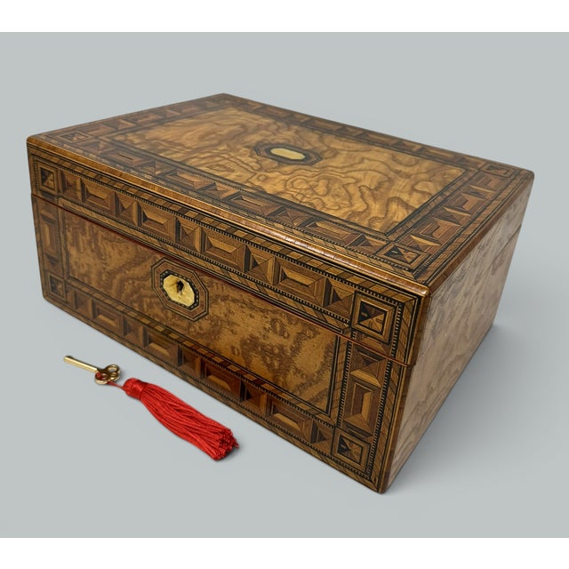 Victorian Antique Vintage English Burl Walnut Wooden Marquetry Victorian Jewelry Box 19Ct For Sale - Image 3 of 12