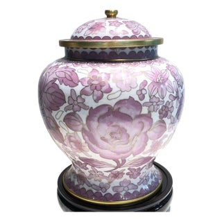 Vintage Cloisonné Enamel Ginger Jar With Lid & Wooden Stand For Sale