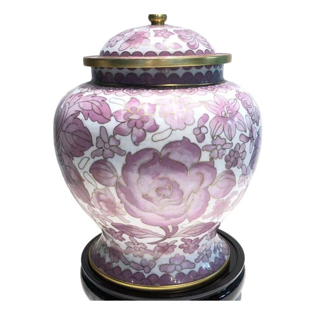 Vintage Cloisonné Enamel Ginger Jar With Lid & Wooden Stand For Sale
