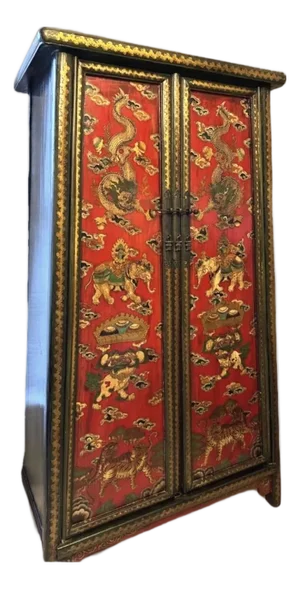 Late Qing Chinese Elm Lacquer Altar Cabinet Imperial Dragons & Guardian Tigers, c.1880–1915, 64” Tall