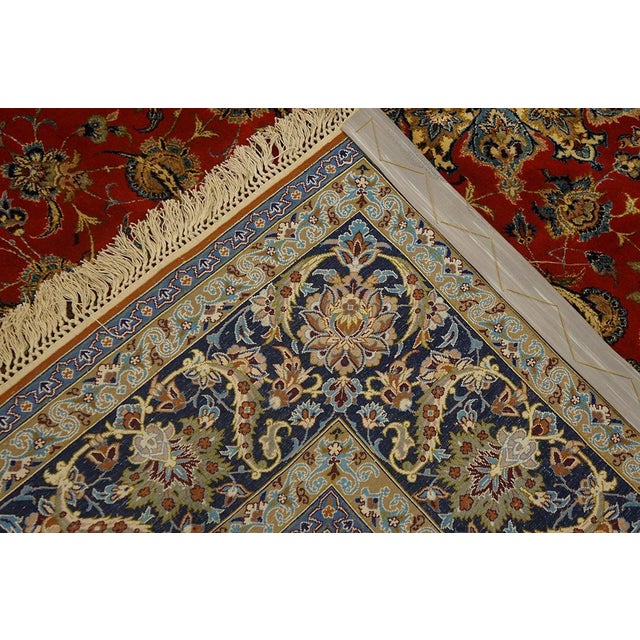 1940s Classic Red Rust Field Floral Medallion Vintage Isfahan Silk Carpet Rug For Sale In New York - Image 6 of 6