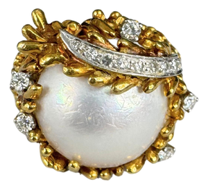 0.55 CTW Vintage Style South Sea Pearl & Diamond 18k Yellow Gold Ring, Size 5