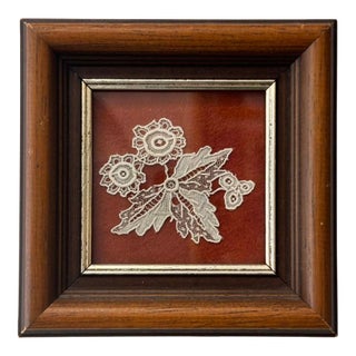 Vintage Handmade Belgian Lace Floral Textile Art in Wood Frame For Sale