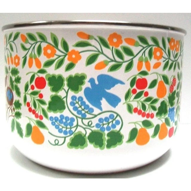 Mid-Century enamel bowl in white with a colorful design with birds, doves, peacock, flowers, strawberries and other fruit...