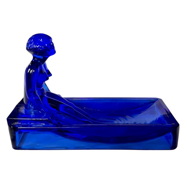 Art Deco Vintage Art Deco Nude Woman in a Pool Cobalt Blue Glass Soap, Jewelry, or Trinket Dish After Lalique Henrich Hoffmann For Sale - Image 3 of 9