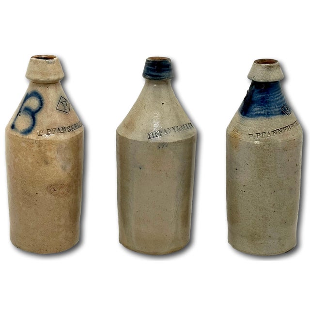 Collection of 3 Exceptionally Nice Large Antique American Blue Decorated Stoneware Beer & Ale Bottles - Circa 1870s For Sale - Image 10 of 12