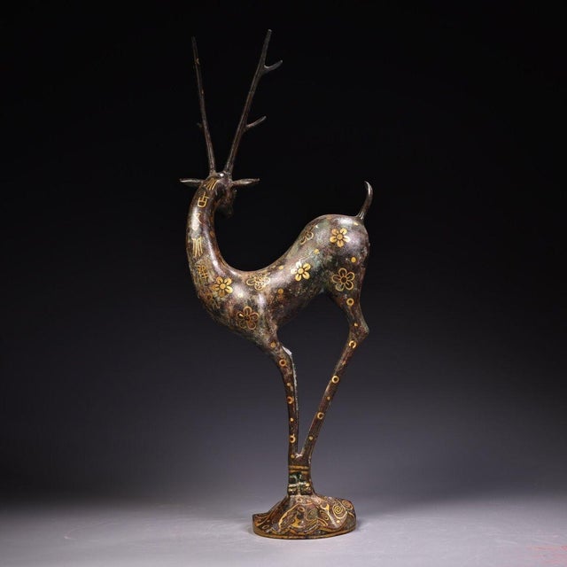 Early 20th Century Gold-Inlaid Bronze Deer Sculpture – 18.9" Archaic Style Figure For Sale - Image 4 of 10
